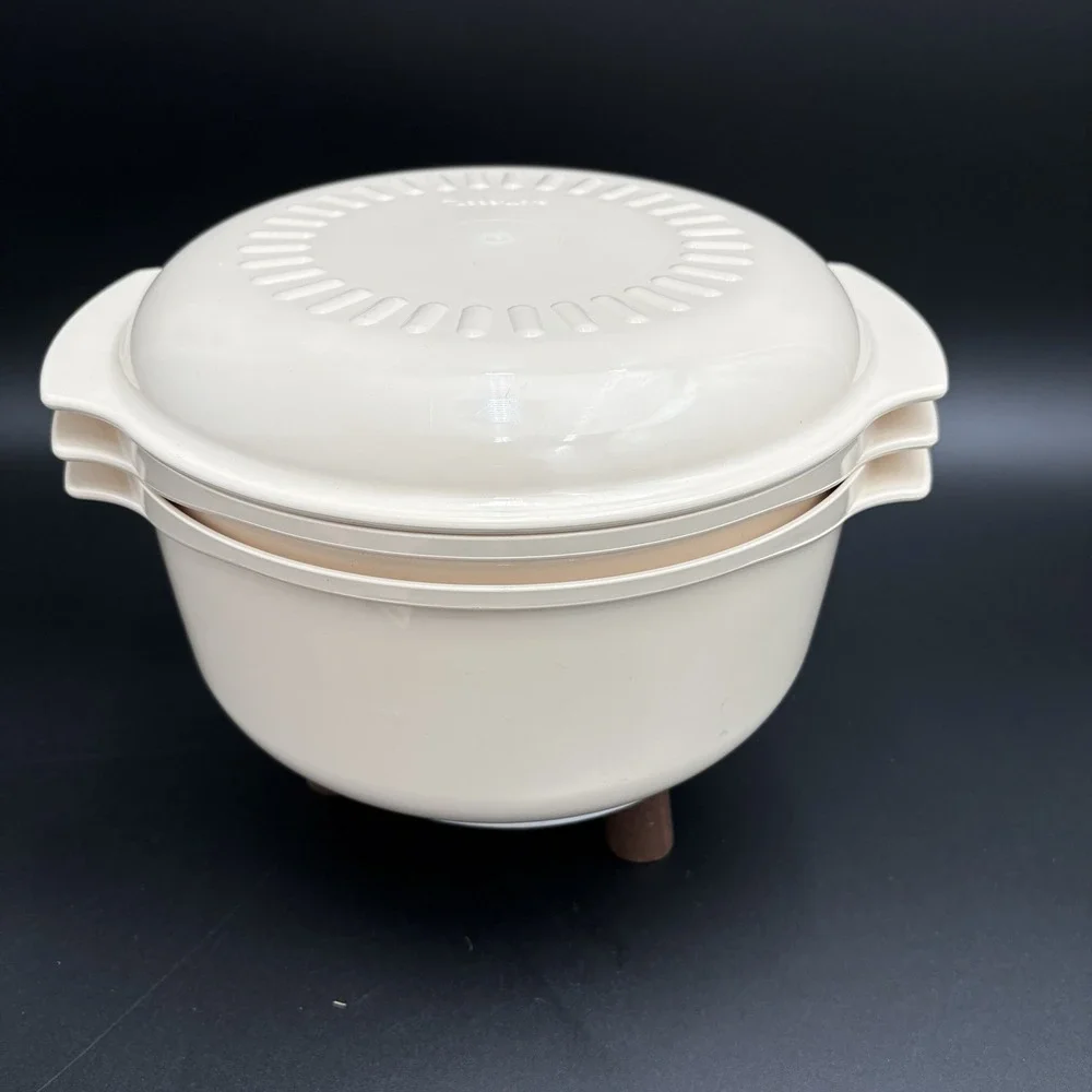 Vintage Tupperware 3 Pc Stackable  Cooker In‎ The Microwave  Recipe Book Almond